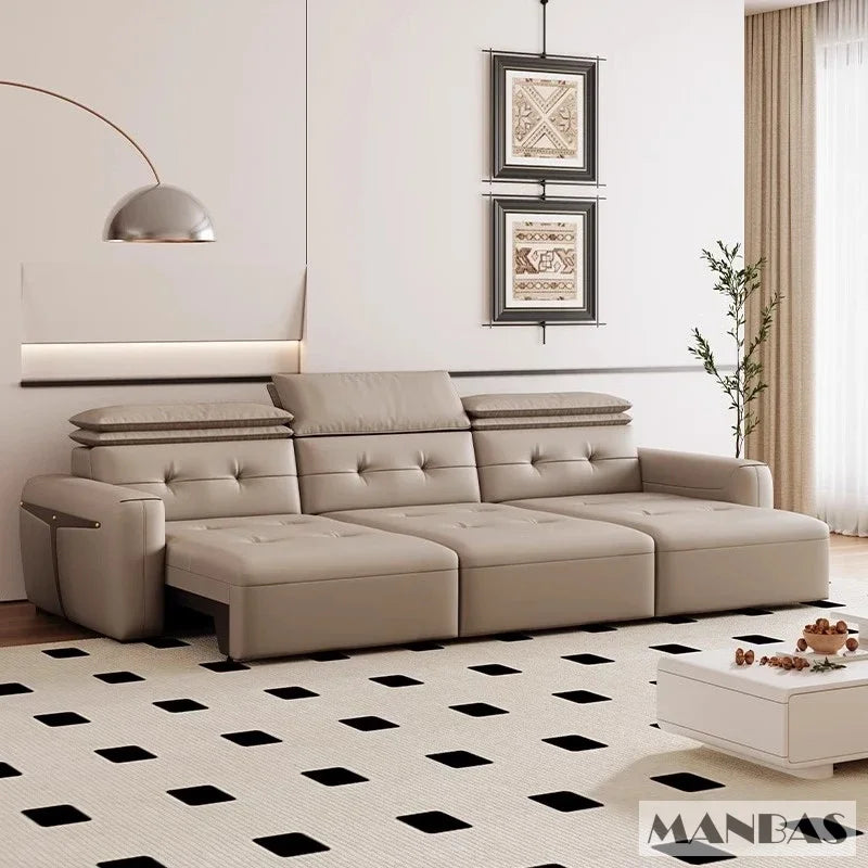 Genuine Leather Electric Convertible Sofa Bed with Adjustable Headrest, Multifunctional Folding Sofa Beds for Cinema Living Room