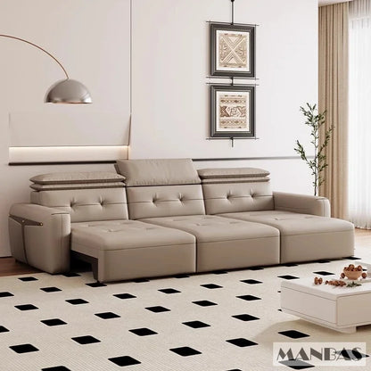 Genuine Leather Electric Convertible Sofa Bed with Adjustable Headrest, Multifunctional Folding Sofa Beds for Cinema Living Room