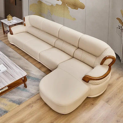 New Chinese style, leather, sofa, combination, all solid wood, luxury, living room