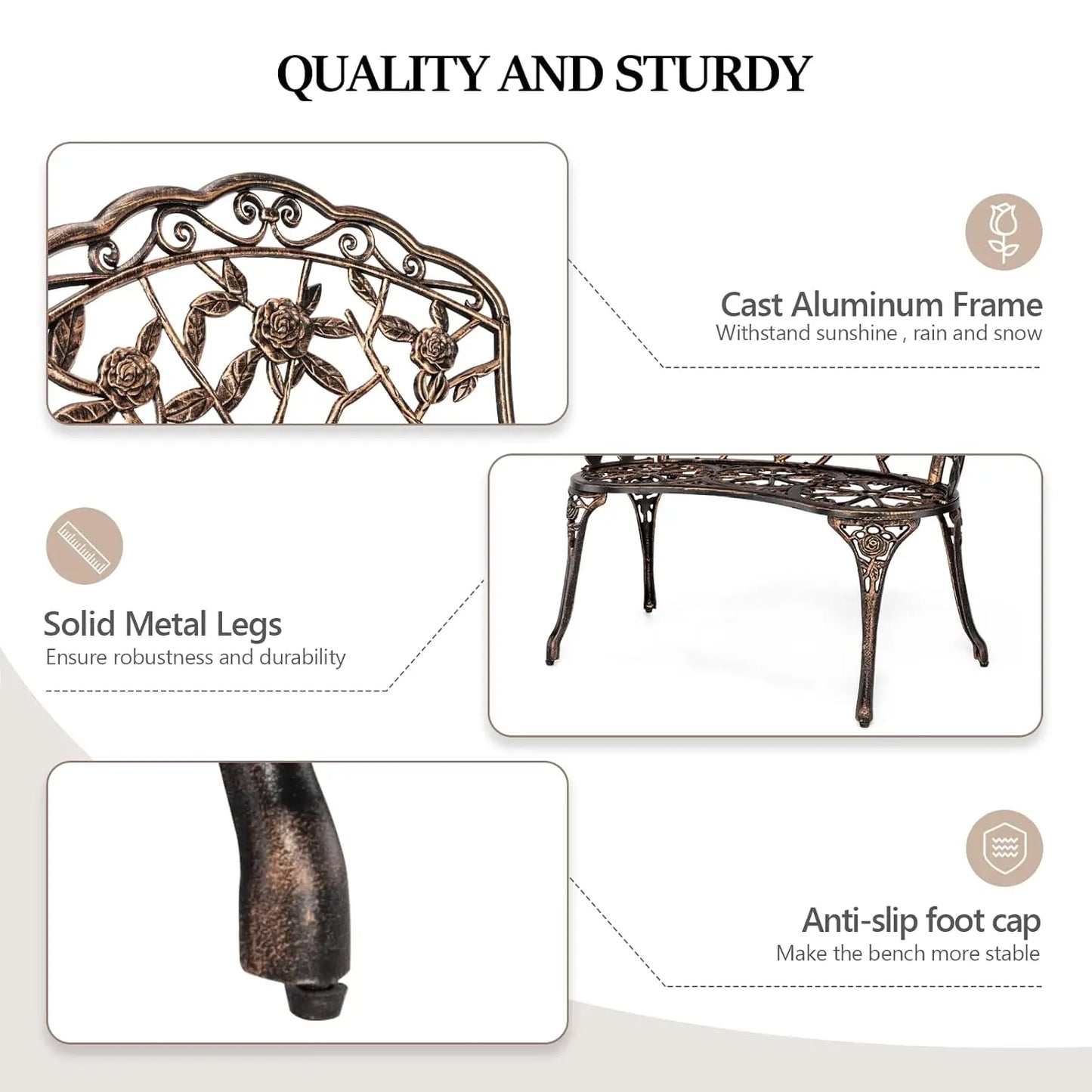 38.5" Patio Park Garden Outdoor Metal Rose Bench, 2-Person Cast Iron Cast Aluminium Frame Antique Finish Chair,Accented Lawn Fro