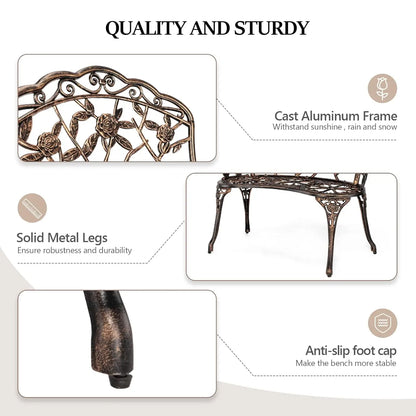 38.5" Patio Park Garden Outdoor Metal Rose Bench, 2-Person Cast Iron Cast Aluminium Frame Antique Finish Chair,Accented Lawn Fro