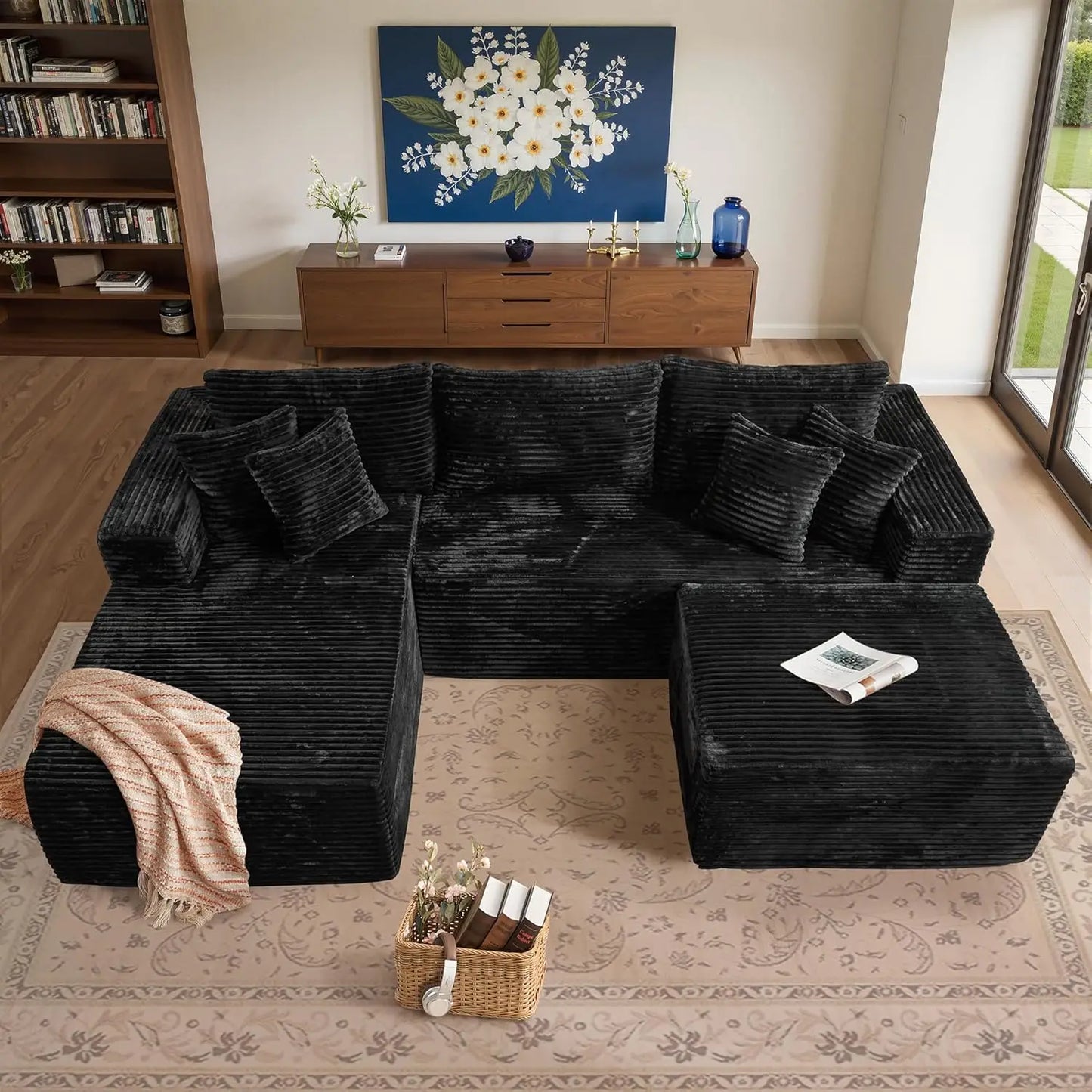 Modern Minimalist Sectional Sofa: L-Shape Cloud Couch with Deep Seats Right Chaise - Black