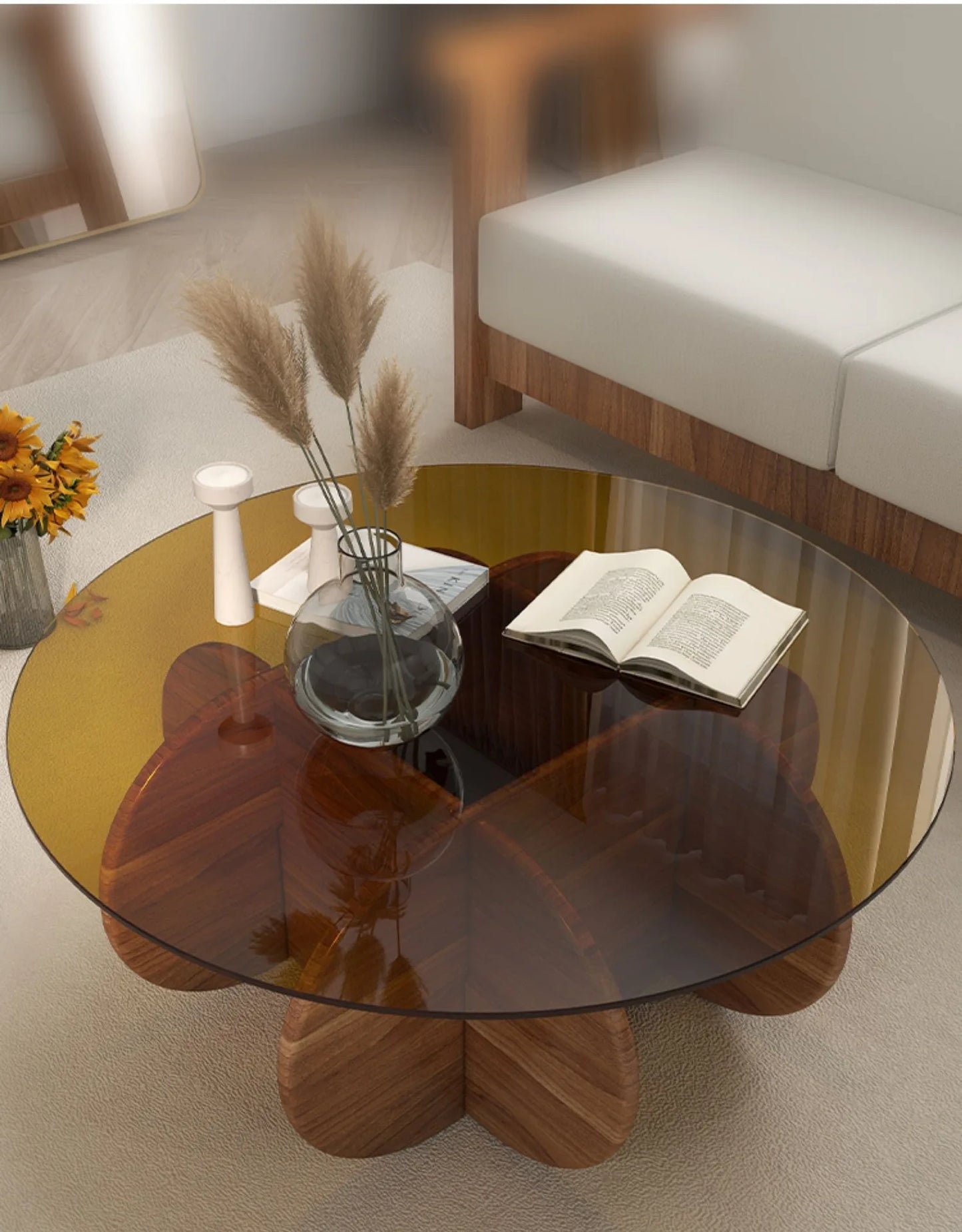 Table basse en verre de luxe légère, moderne, simple, petit appartement, salon, ronde, bois massif, maison, design créatif, table d'appoint de canapé