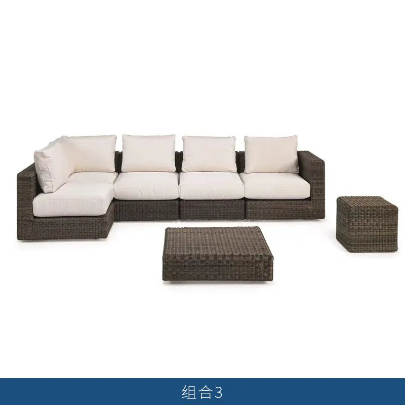 Nordic courtyard rattan furniture outdoor waterproof sunscreen sofa coffee table pedal double recliner resort bed and breakfast