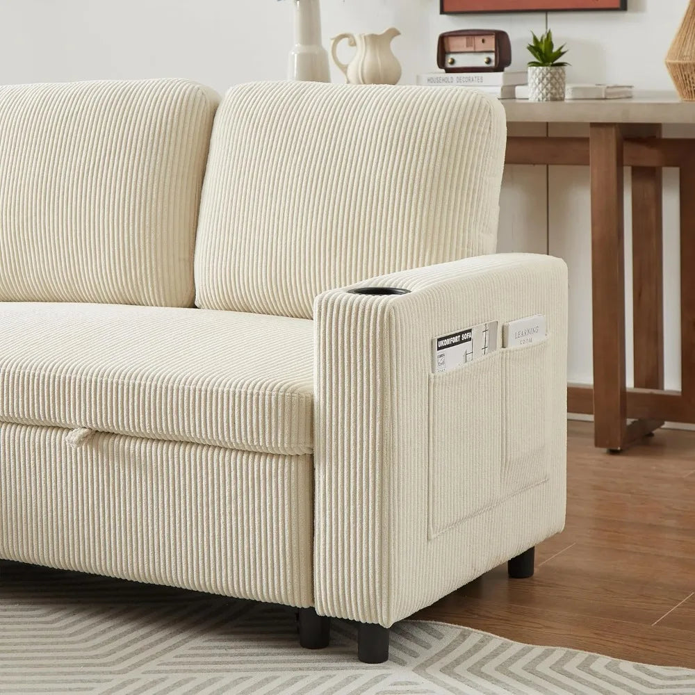 78.5" Corduroy L-Shaped Convertible Combo Sofa Bed with Reversible Storage Chaise,Pull-Out Sleeper Sofabed with Side Pockets an