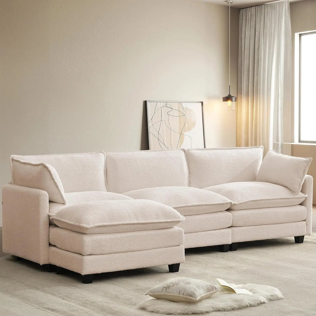 Oversized Modular Sectional Sofa Movable Ottoman 112in 4 Seat Corduroy Convertible L Shape Living Room Office Beige Custom