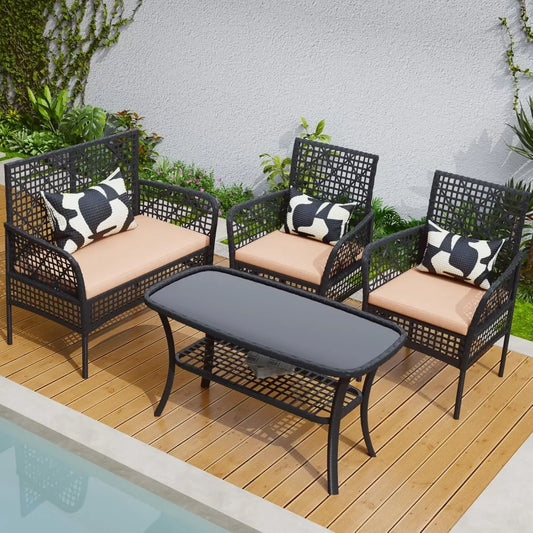 4 Pieces Outdoor Patio Furniture Set, Seating Conversation Sets with Coffee Table, Wicker Loveseat Sofa PE Rattan Chairs for Law