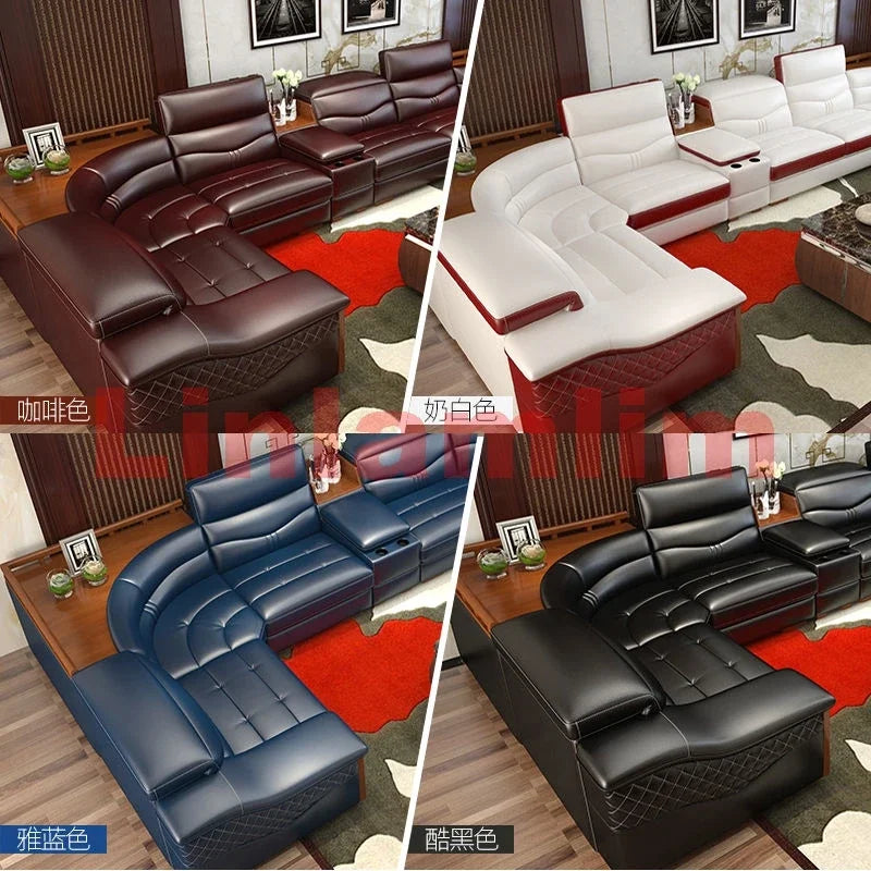 Luxury U-Shaped Genuine Leather Sofa Set with Recliner, Modern Sectional Couch with Storage and Cup Holders for Living Room