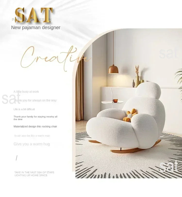 Fluffy White Living Room Chair, Modern Cute Ergonomic Floor Lounge Recliner, Meuble Salon Home Furniture Rocking Chair  Designer