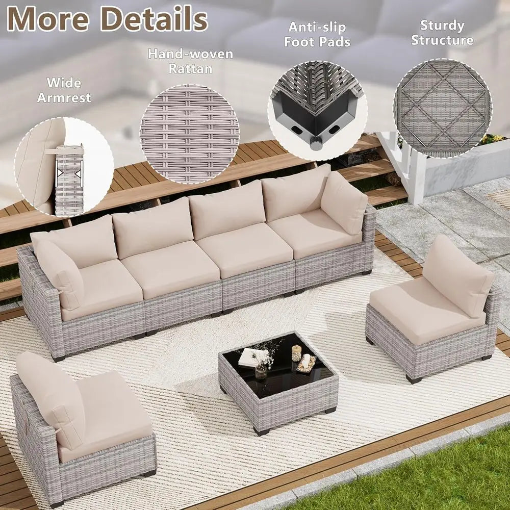 7-Piece Outdoor Patio Furniture Set, Sectional Sofa, Wicker Rattan, with Coffee Table and Cushions