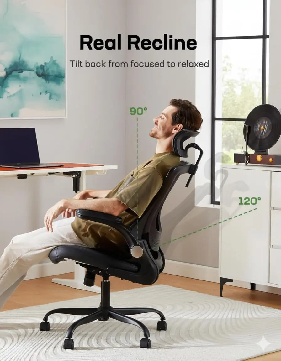 Ergonomic Office Chair with Mesh Back, Adjustable Lumbar Support & Flip-up Armrests – Bright Black