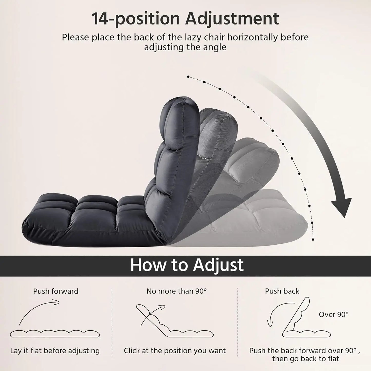 Adjustable Floor Sofa Chair with Back Support, Padded Recliner for Gaming and Meditation, Gray