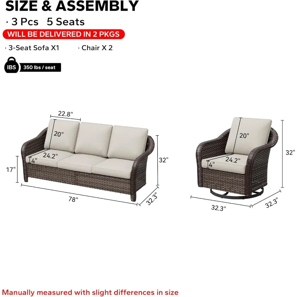 3 Pieces Patio Conversation Set, 78" Wicker 2-Seat Couch with Washable Cushions, Wicker 360 Degree Swivel Glider Rocker Chairs,
