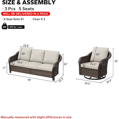 3 Pieces Patio Conversation Set, 78" Wicker 2-Seat Couch with Washable Cushions, Wicker 360 Degree Swivel Glider Rocker Chairs,