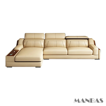 Stylish Italian Genuine Leather Sofa for Living Room with Cup Holder, USB, Adjustable Headrests & Bluetooth Speaker - Linlamlim