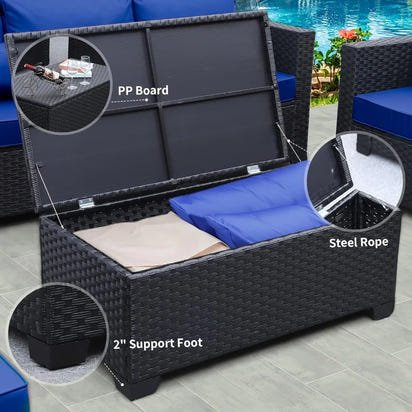 Outdoor Patio Wicker Furniture Set with 6 Pieces, PE Rattan, Conversation Couch, Sectional Sofa, Royal Blue Cushions