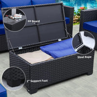 Outdoor Patio Wicker Furniture Set with 6 Pieces, PE Rattan, Conversation Couch, Sectional Sofa, Royal Blue Cushions