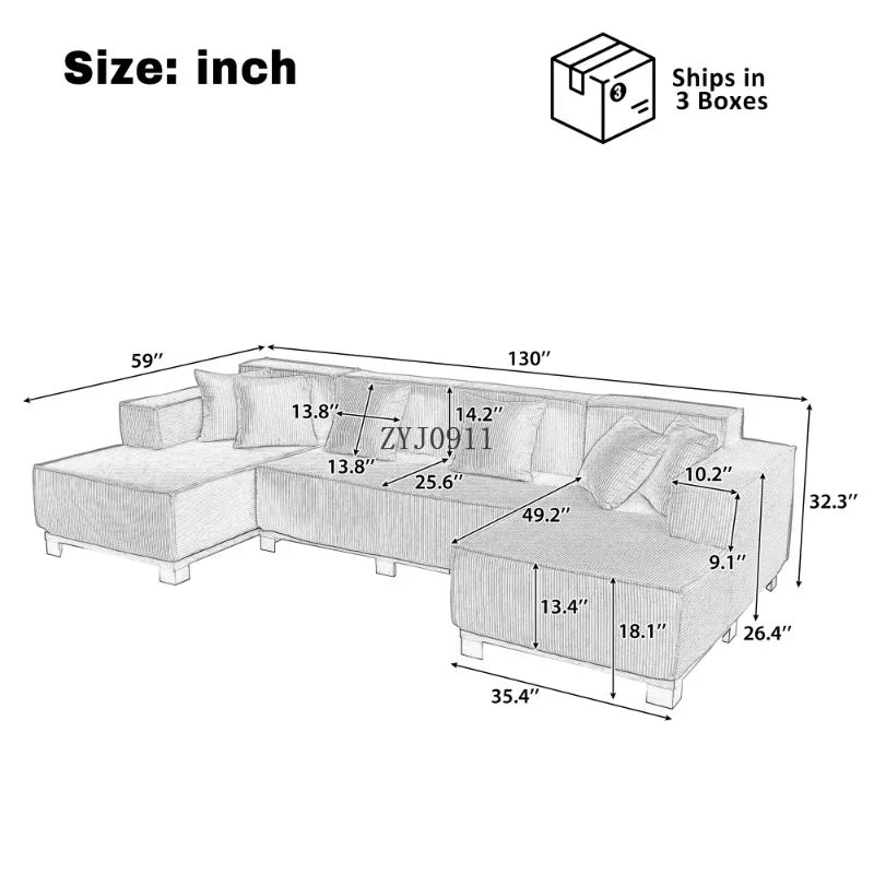 Modern U-Shaped Sectional Sofa 130" Sectional Sofa Upholstered Sofa with RGB LED Light Strip and 6 Pillows for Living Room