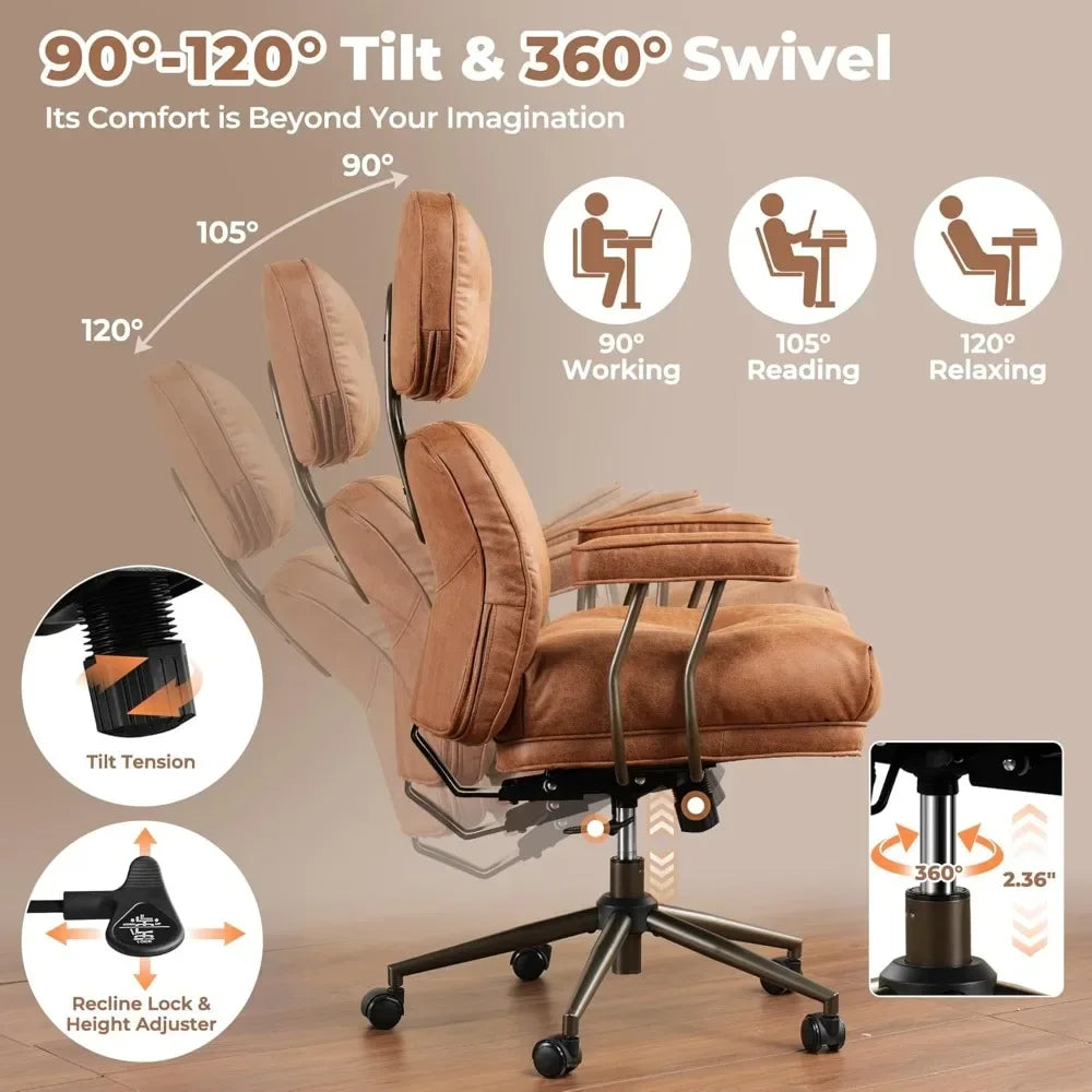 Ergonomic Home Office Chair, Mid-Century Modern Faux Leather Chairs with Thickened Cushions, Comfy High Back Swivel Rolling Exe