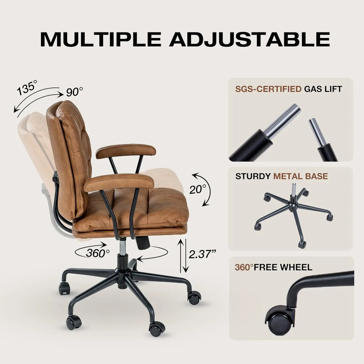 Brown Office Desk Chair, PU Leather Chair with Lumbar Support, Removable Armrests, Comfortable Adjustable Swivel Task Chair,New