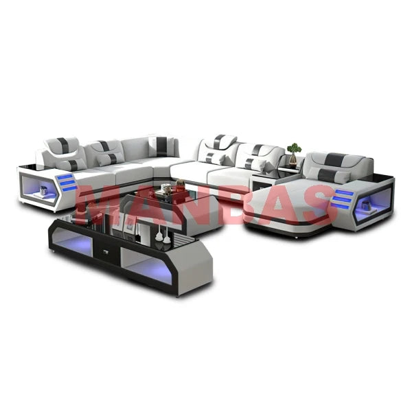 Modern LED Light Genuine Leather Sectional Sofa Set with Storage Shelves, USB Charging Ports, Cup Holder and Contemporary Design