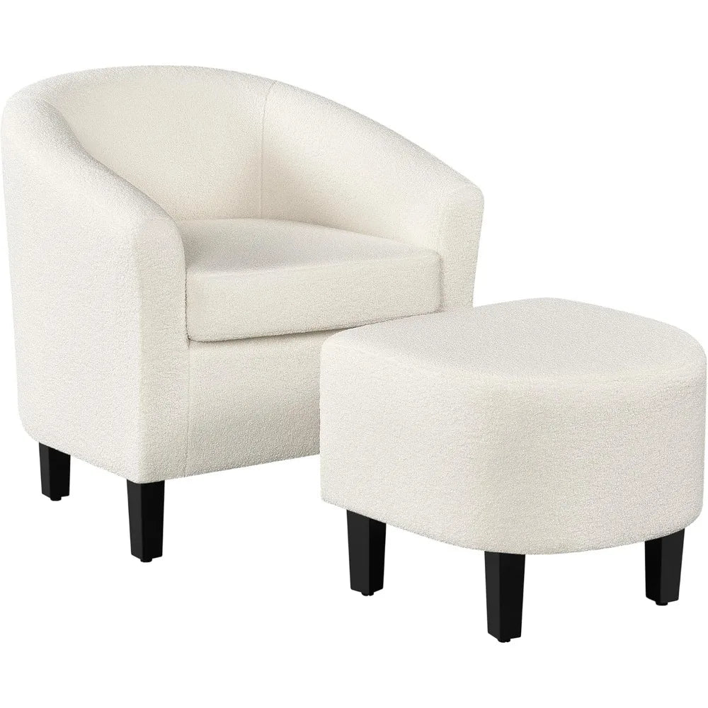Modern Sherpa Accent Chair and Ottoman Set, Plush Barrel-Shaped Armchair with Footrest for Lounge Areas