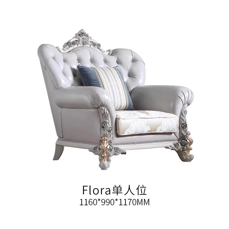 French light luxury living room large apartment first layer cowhide European solid wood carving flower three sofa combination