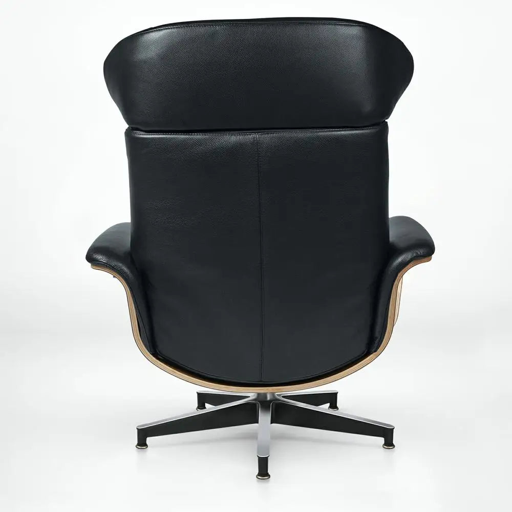 Modern Reclining Swivel Lounge Chair, With Walnut Black Genuine Leather, Ottoman Included