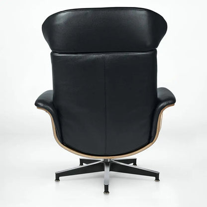 Modern Reclining Swivel Lounge Chair, With Walnut Black Genuine Leather, Ottoman Included
