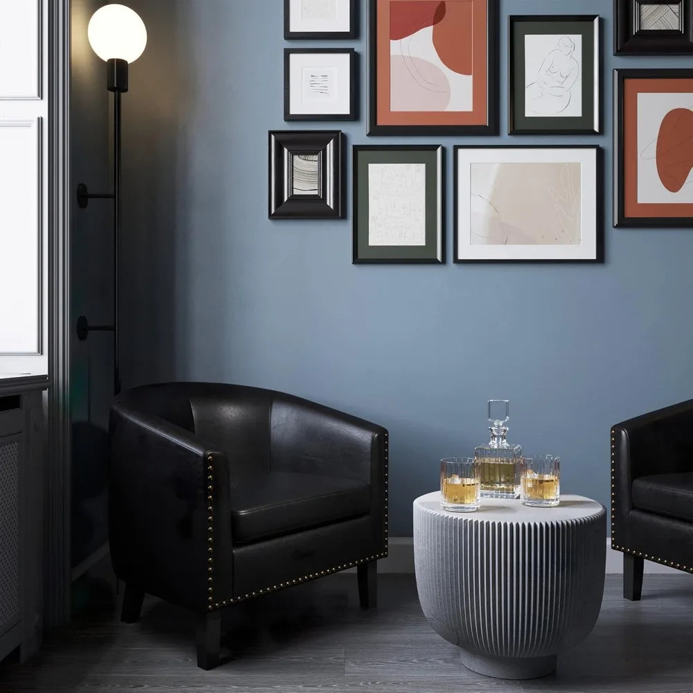 Modern Faux Leather Tub Club Chair, Upholstered Armchair with Gold Nailhead Accents and Black Legs
