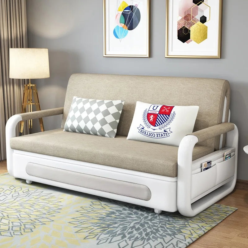 Modern Folding Sofa Bed with Fabric Upholstery Apartment Furniture Metal Frame Extendable for Living Room Dining Hotel Use