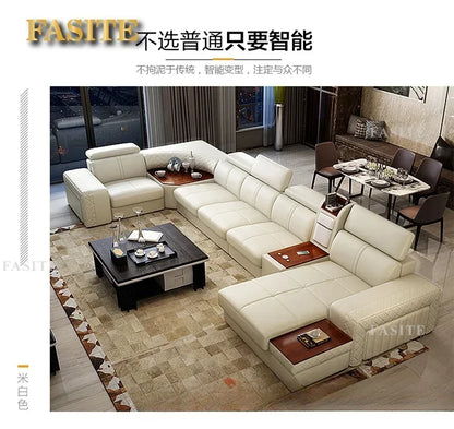 Italian Leather Couch With Heating Seat Cold Fridge Genuine Leather Sofa With Headrests USB, Stools And Storage Easy to clean
