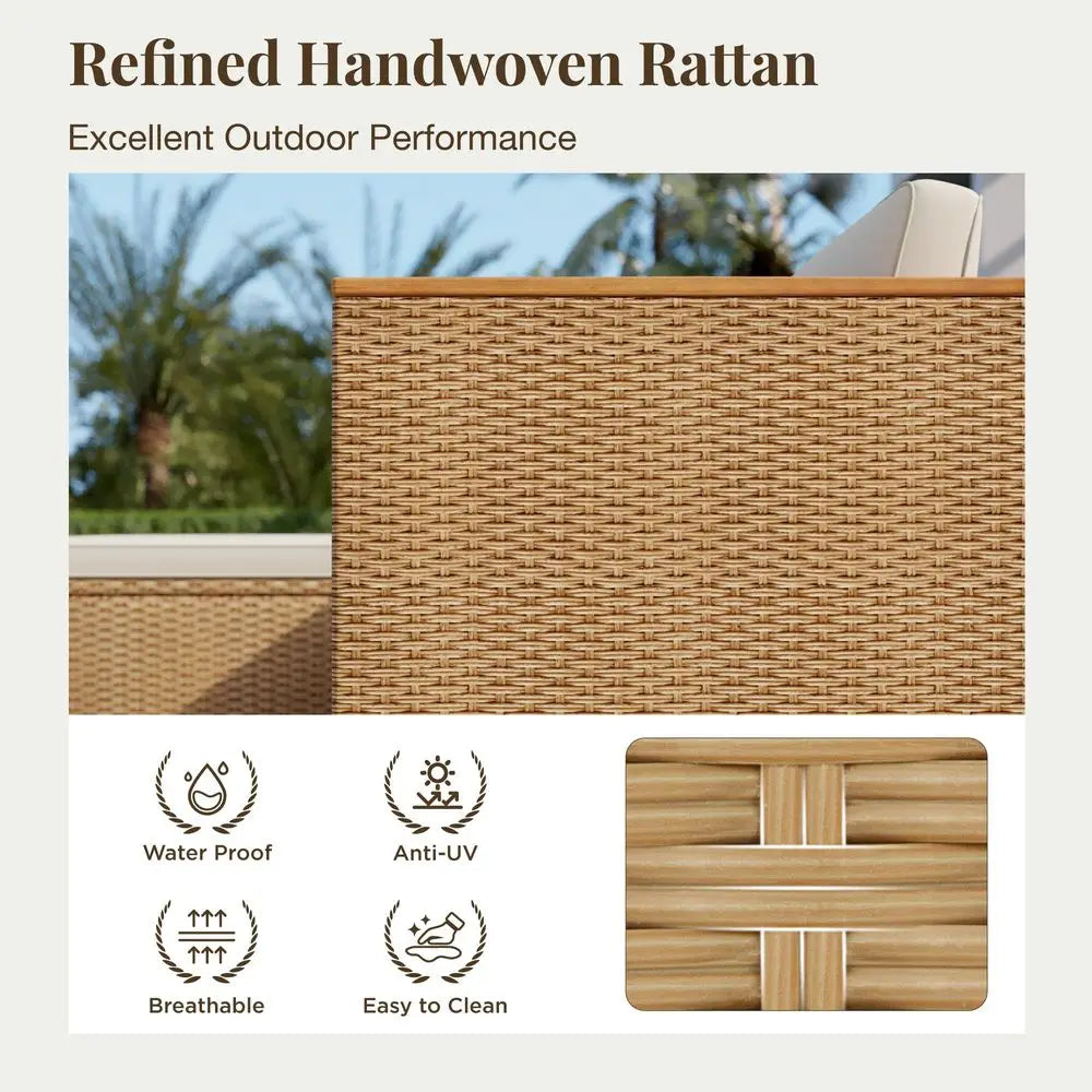 Wicker Outdoor Patio Furniture Set 3 Pieces Patio Chaise Longue Conversation Set, Rattan LShaped Sofa Couch with Acacia Wood Co
