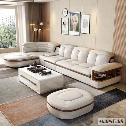 Luxury L-Shaped Genuine Leather Sectional Sofa Sets with USB, Bluetooth Speaker - MANBAS Living Room Italian Leather Couches