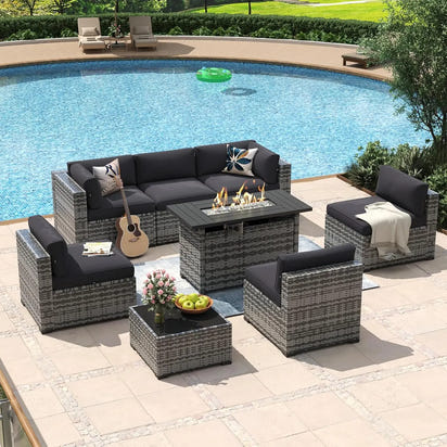 8 Piece Patio Furniture Set with 44” Fire Pit Table Rattan Outdoor Sectional Sofa Set with Coffee Table and Thickened Cushions