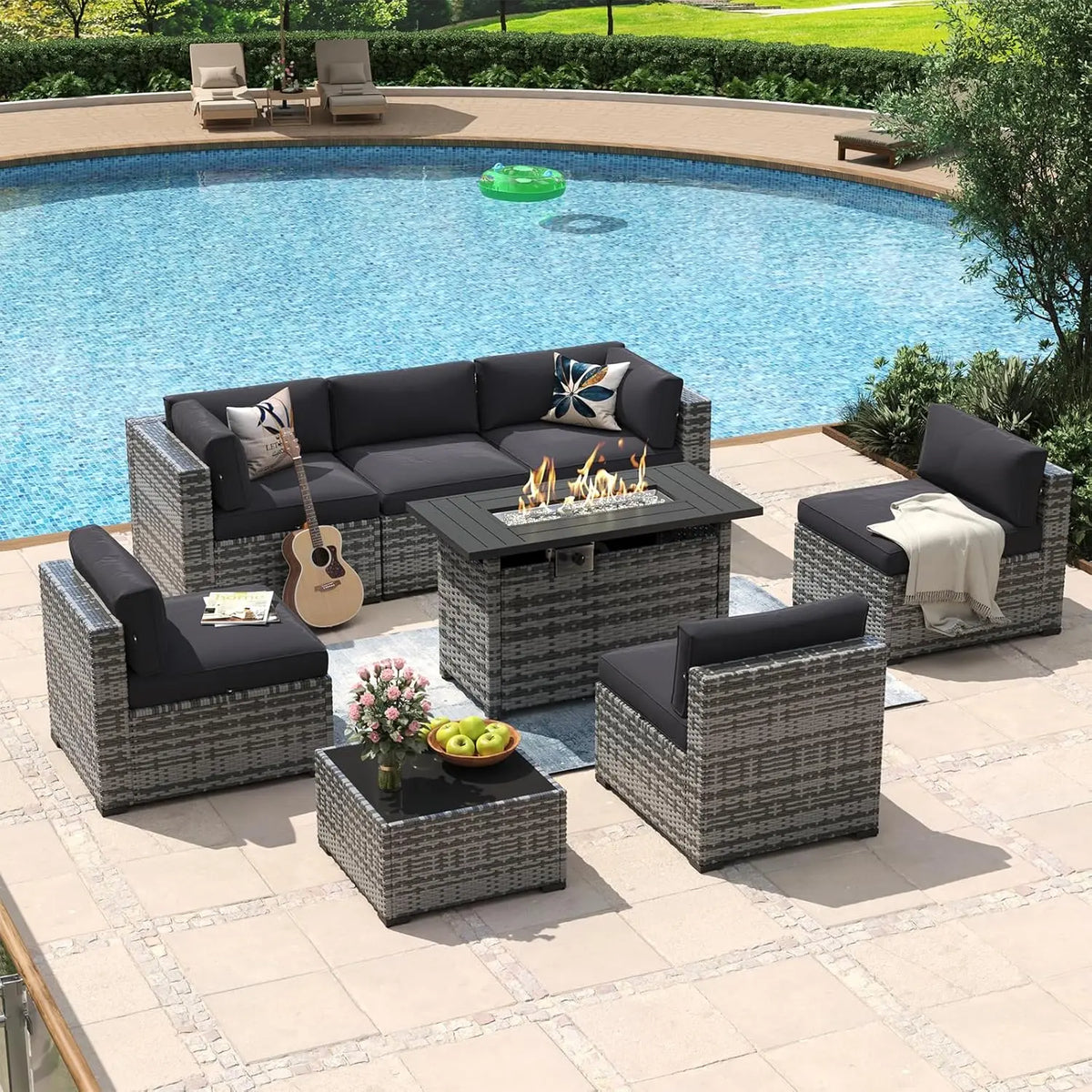 8 Piece Patio Furniture Set with 44” Fire Pit Table Rattan Outdoor Sectional Sofa Set with Coffee Table and Thickened Cushions
