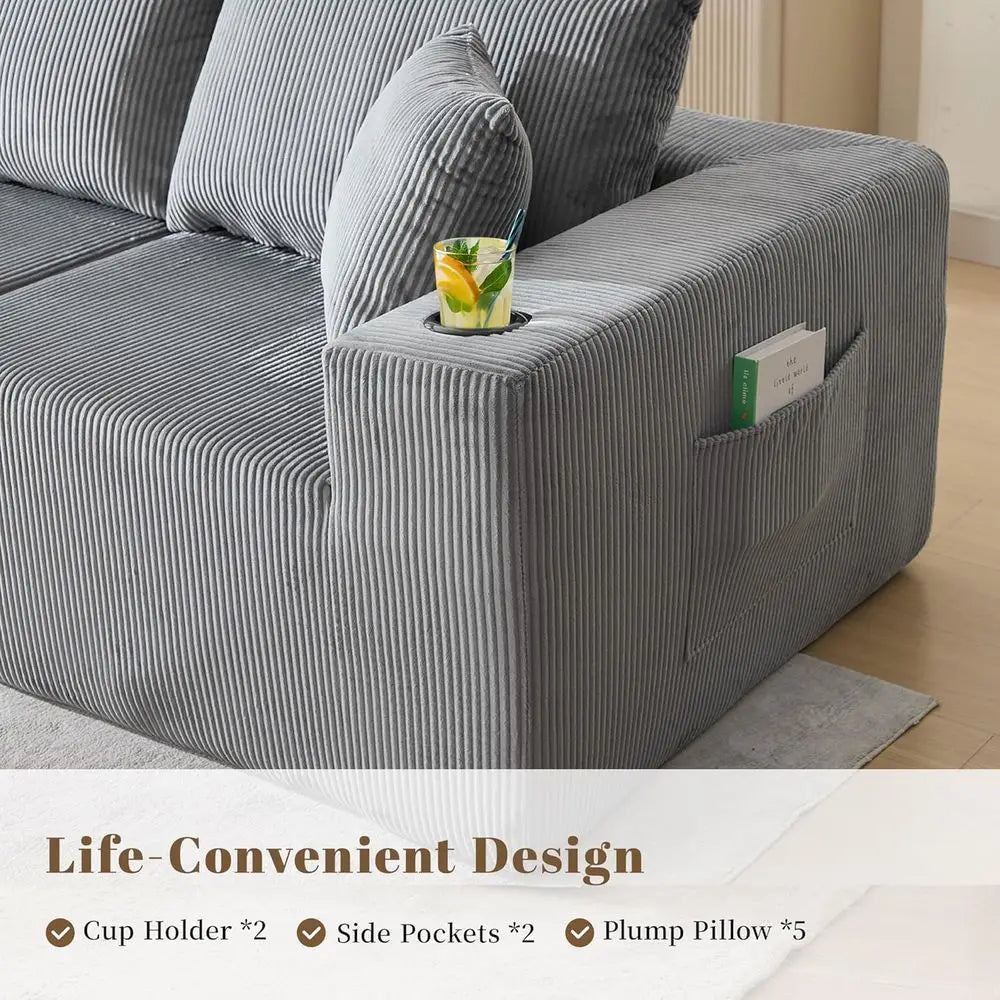 107" Cloud Sectional Couch, Modular Sectional Sofa with L-Shape Chaise, Corduroy Boneless Couch with Deep Seat, Upholstered Sofa