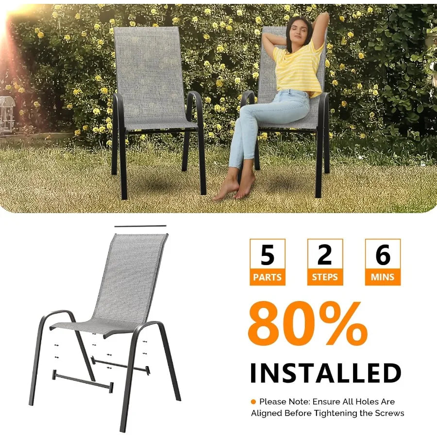 Patio Chairs Set of 8 Stackable Outdoor Dining Chairs with Comfortable Sling High Back Chairs and Armrests for Lawn Poolside Co