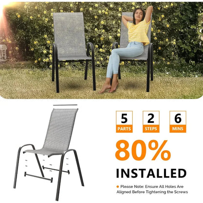 Patio Chairs Set of 8 Stackable Outdoor Dining Chairs with Comfortable Sling High Back Chairs and Armrests for Lawn Poolside Co