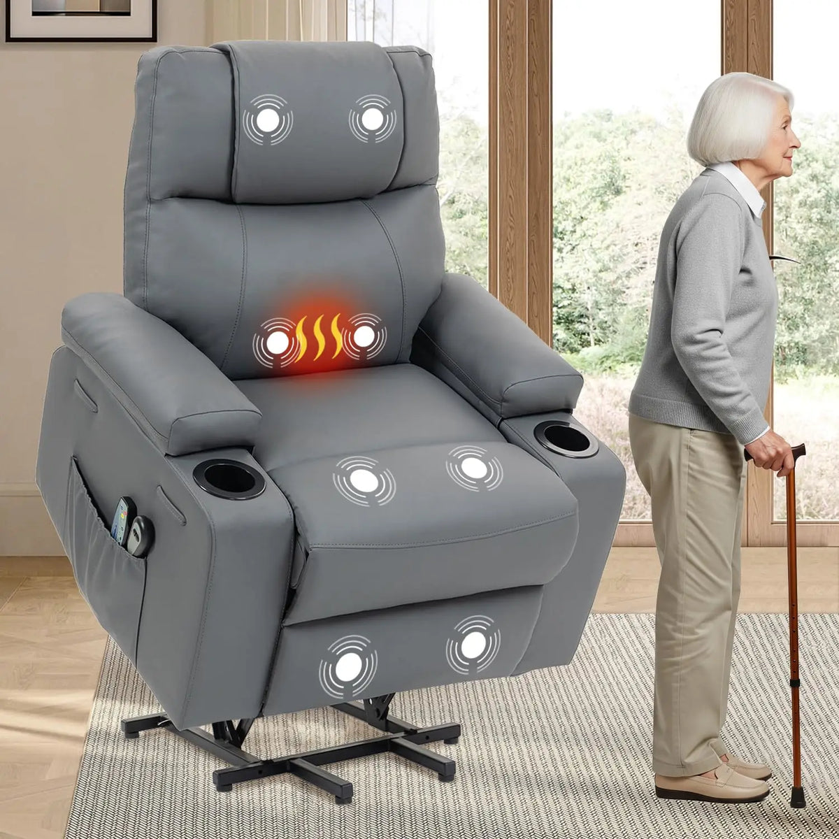 Dual Motor Power Lift Recliner for Elderly Adults with Heat Massage Lay Flat Feature Wireless Remote Cup Holder Customizable