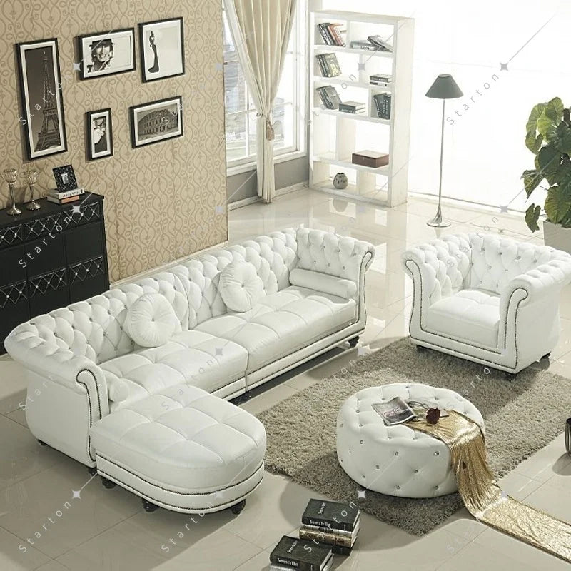 Modern Home Furniture Genuine Leather L-Shaped Sectional Corner Sofa Set Wood Legs with Sponge Filling for Living Room Villa