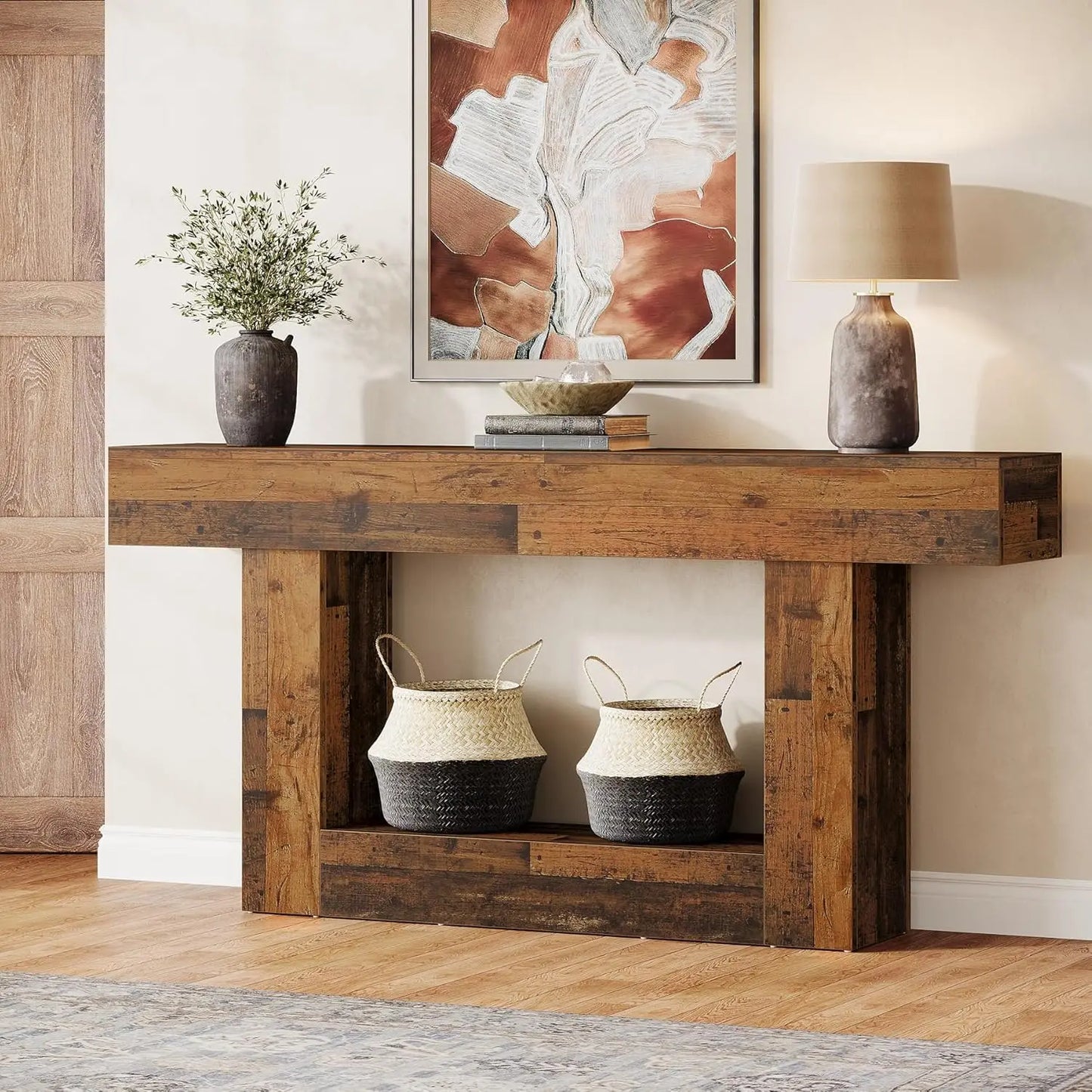 Rustic 2-Tier 63 Console Table with Storage for Entryway, Living Room, and Hallway in Brown & Gray