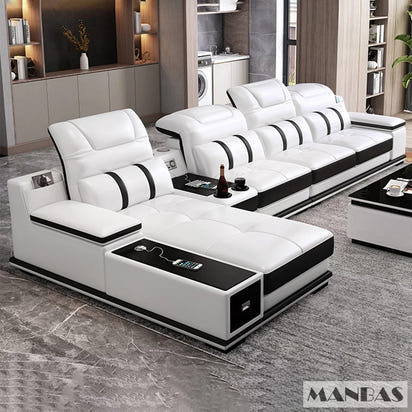 Modern Genuine Leather Sofa Living Room By MANBAS - Stylish Italian Couch with Bluetooth Speaker, USB & Adjustable Headrests