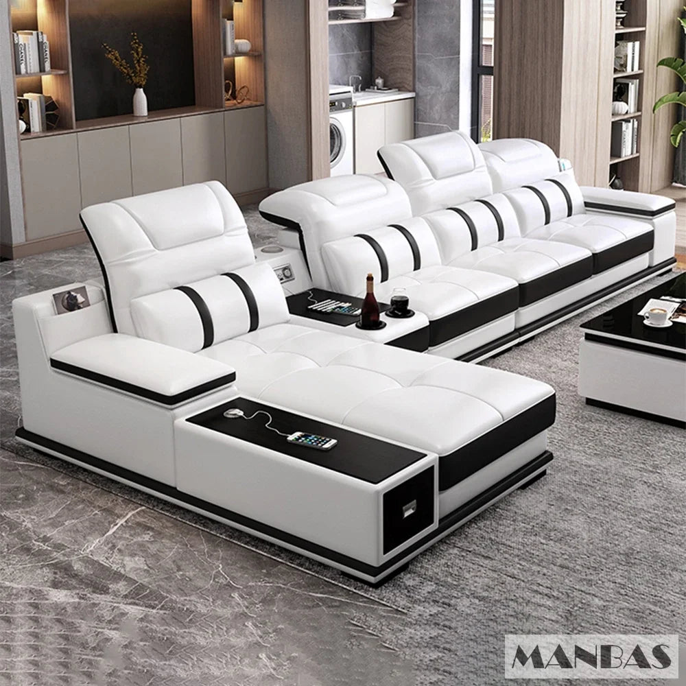 Modern Genuine Leather Sofa Living Room By MANBAS - Stylish Italian Couch with Bluetooth Speaker, USB & Adjustable Headrests