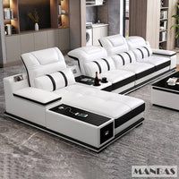 Modern Genuine Leather Sofa Living Room By MANBAS - Stylish Italian Couch with Bluetooth Speaker, USB & Adjustable Headrests