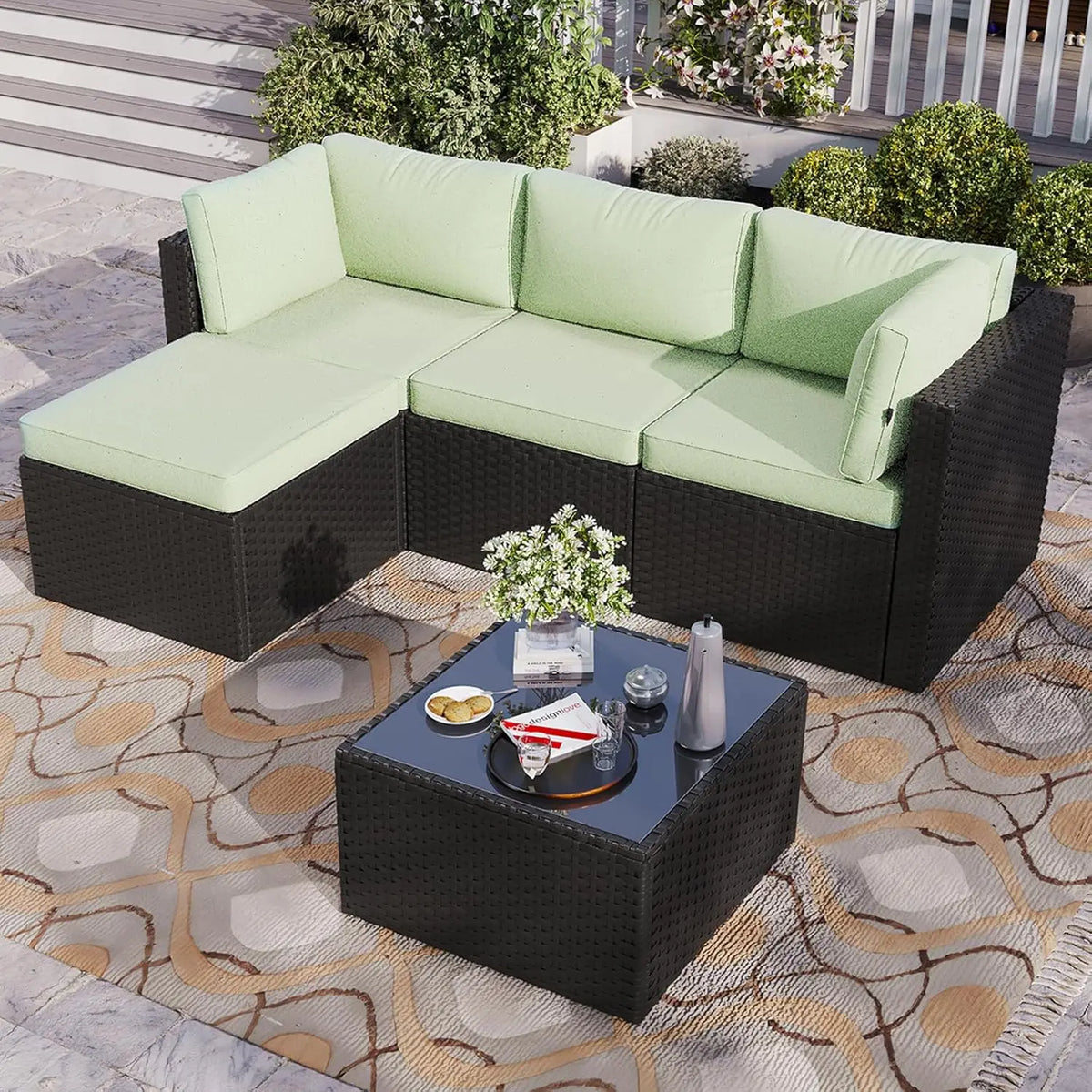 5-Piece Outdoor Sectional Sofa with Washable Cushion, Wicker Rattan Patio Conversation Set for Backyard Porch Poolside, Custom