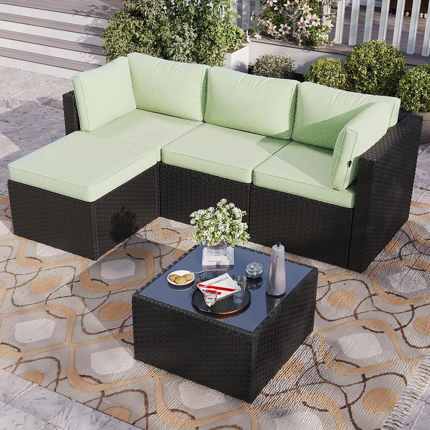 5-Piece Outdoor Sectional Sofa with Washable Cushion, Wicker Rattan Patio Conversation Set for Backyard Porch Poolside, Custom