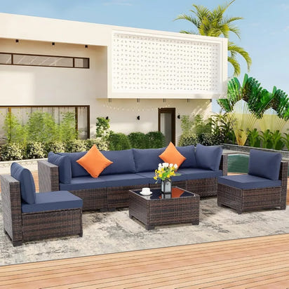 7-Piece Outdoor Patio Furniture Set: Wicker Sectional Sofa with Rattan Modular Conversation Area and Cushions