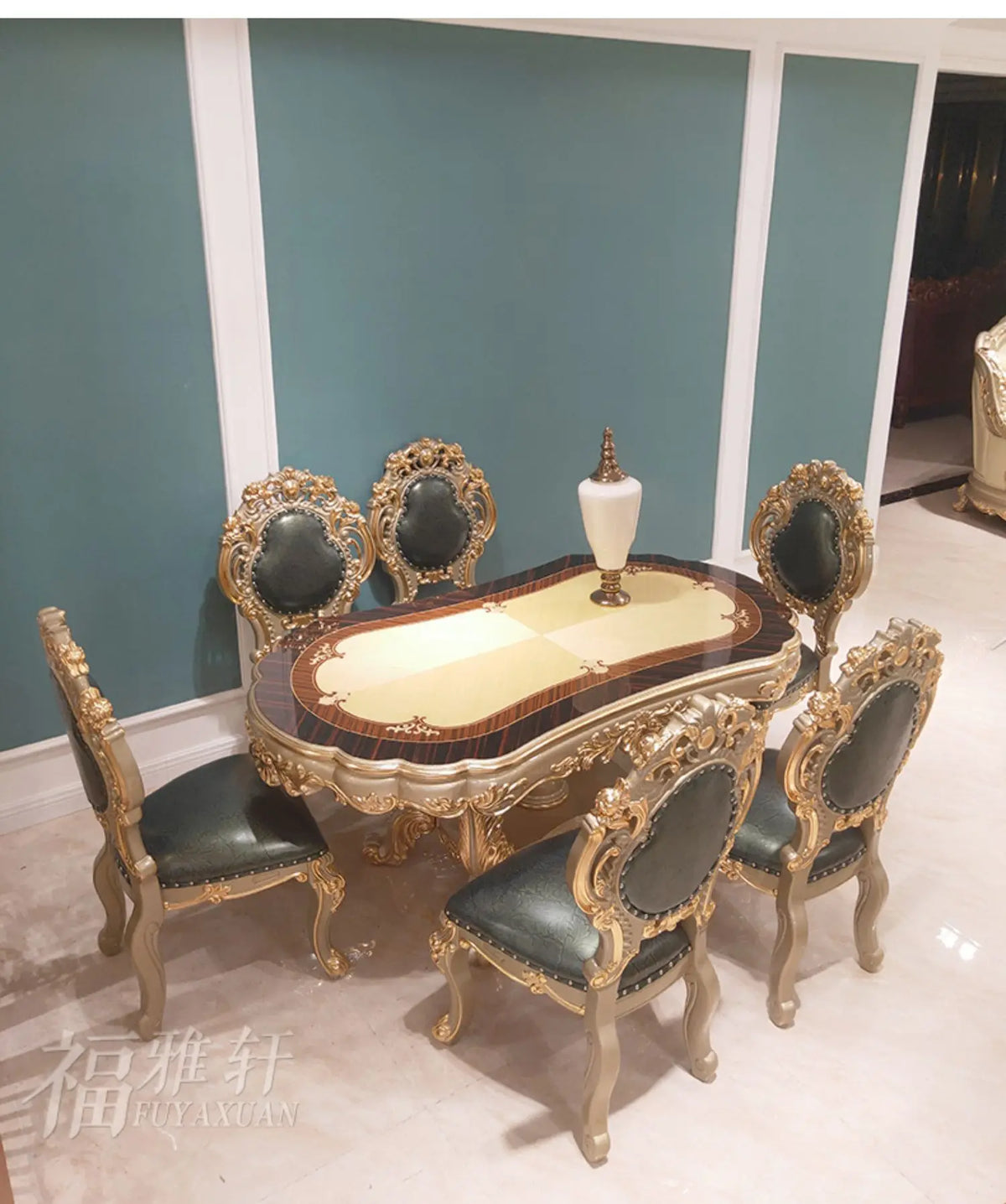 European oval 1.8 meters long dining table and chairs combination villa solid wood carving flower atmosphere dining table