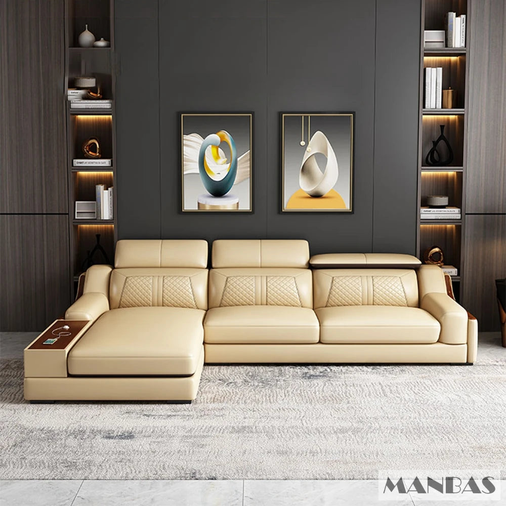 Stylish Italian Genuine Leather Sofa for Living Room with Cup Holder, USB, Adjustable Headrests & Bluetooth Speaker - Linlamlim